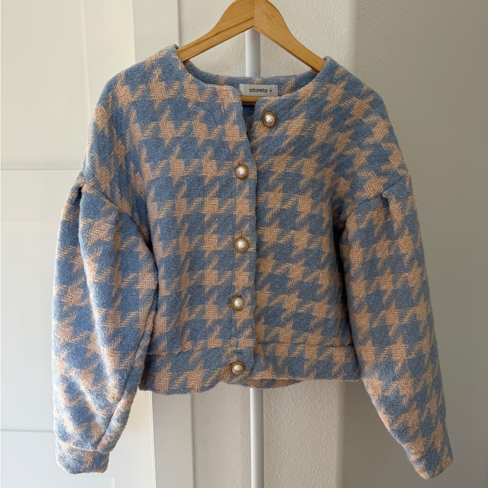 storets Blue & Peach Houndstooth Pearl-Button Cropped Jacket